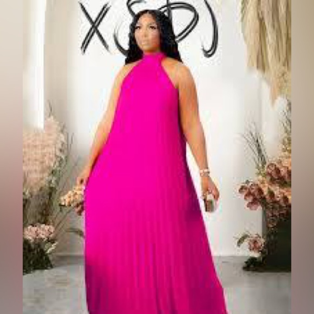 Pink Pleated Halter Maxi Dress Bright Pink Flowy Size 2XL